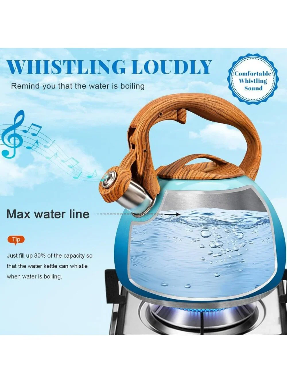 GGC 3.1QT Sky-Blue Stainless Steel Whistling Tea Kettles For Kitchen Stove Top
